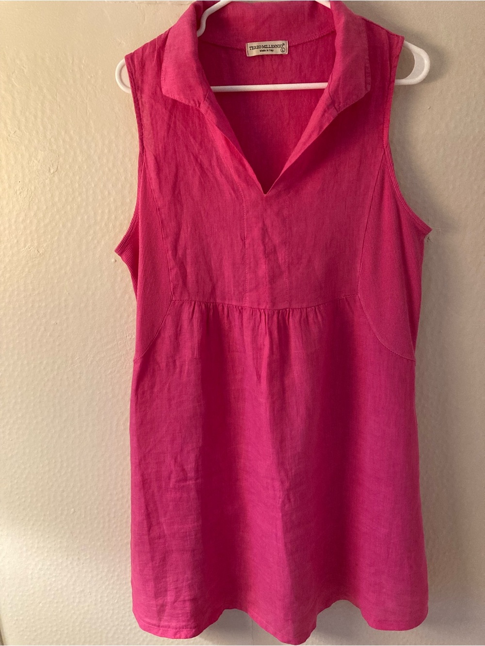 Sleeveless Linen V-Neck Tunic Dress in Hot Pink